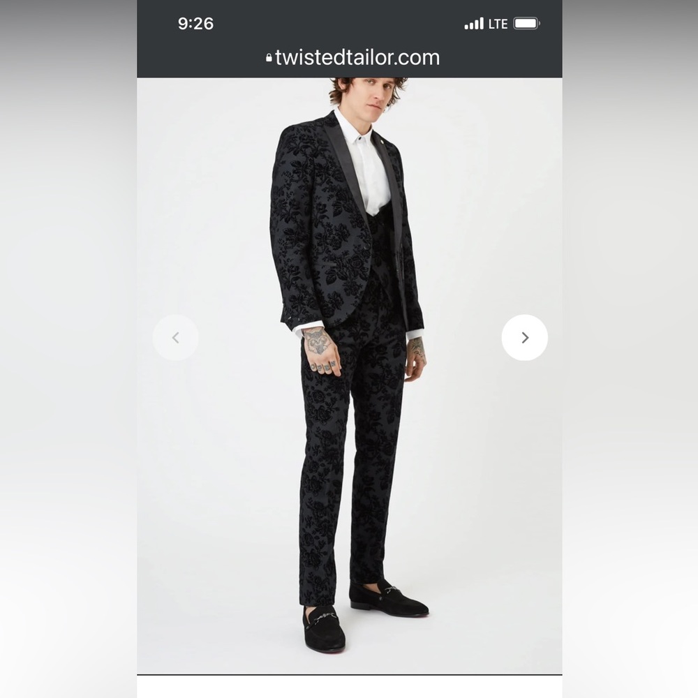 Fleet Floral Slim Fit Black Suit by Twisted Tailor. Black velvet pattern formal. - Picture 5 of 5